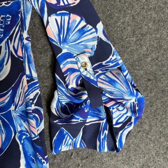 Lilly Pulitzer Elsa Top Blue Scale Up Koi Fish Shell Print Roll Tab Blouse L - Picture 4 of 9